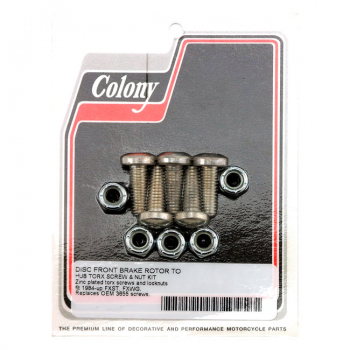 Colony, front brake rotor bolt & nut kit. Flat torx Zinc