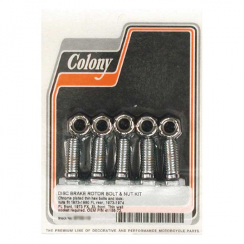 Colony, front/rear brake rotor bolt & nut kit. Chrome hex