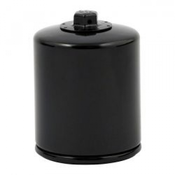 K&N, spin-on oil filter with top nut. Black